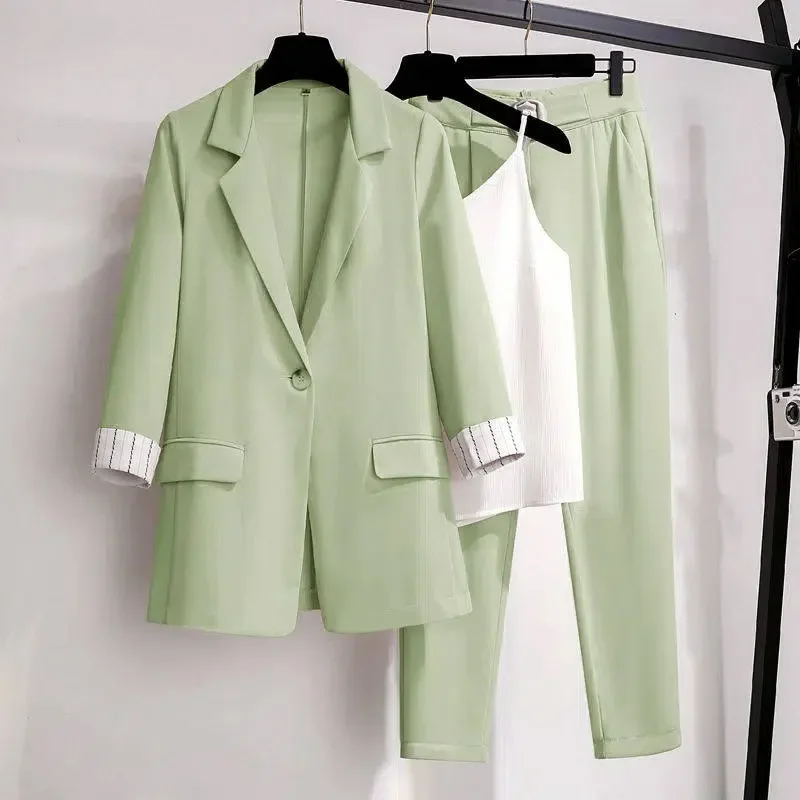 2024 Spring New Plus Size Korean Elegant Women's Suit Female Blazer Leisure Pants Tweed Suit Jacket Three Piece Jacket Pants Set