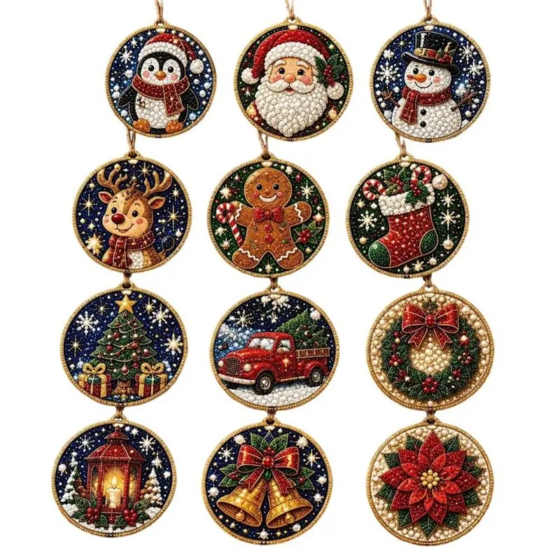 WCS-12PCS Weihnachtsornamente DIY Perlen-Diamant-Kunst-Sets für Erwachsene, Perlenkunst mit Schnur für Baum- und Fensterdekoration