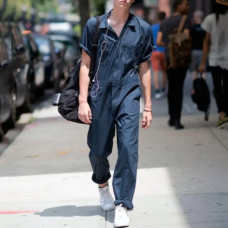 Men Jumpsuit Summer Short Sleeve Loose Cargo Overalls Black Blue Street Wear Pants Front Zipper Romper Joggers Playsuits MY947