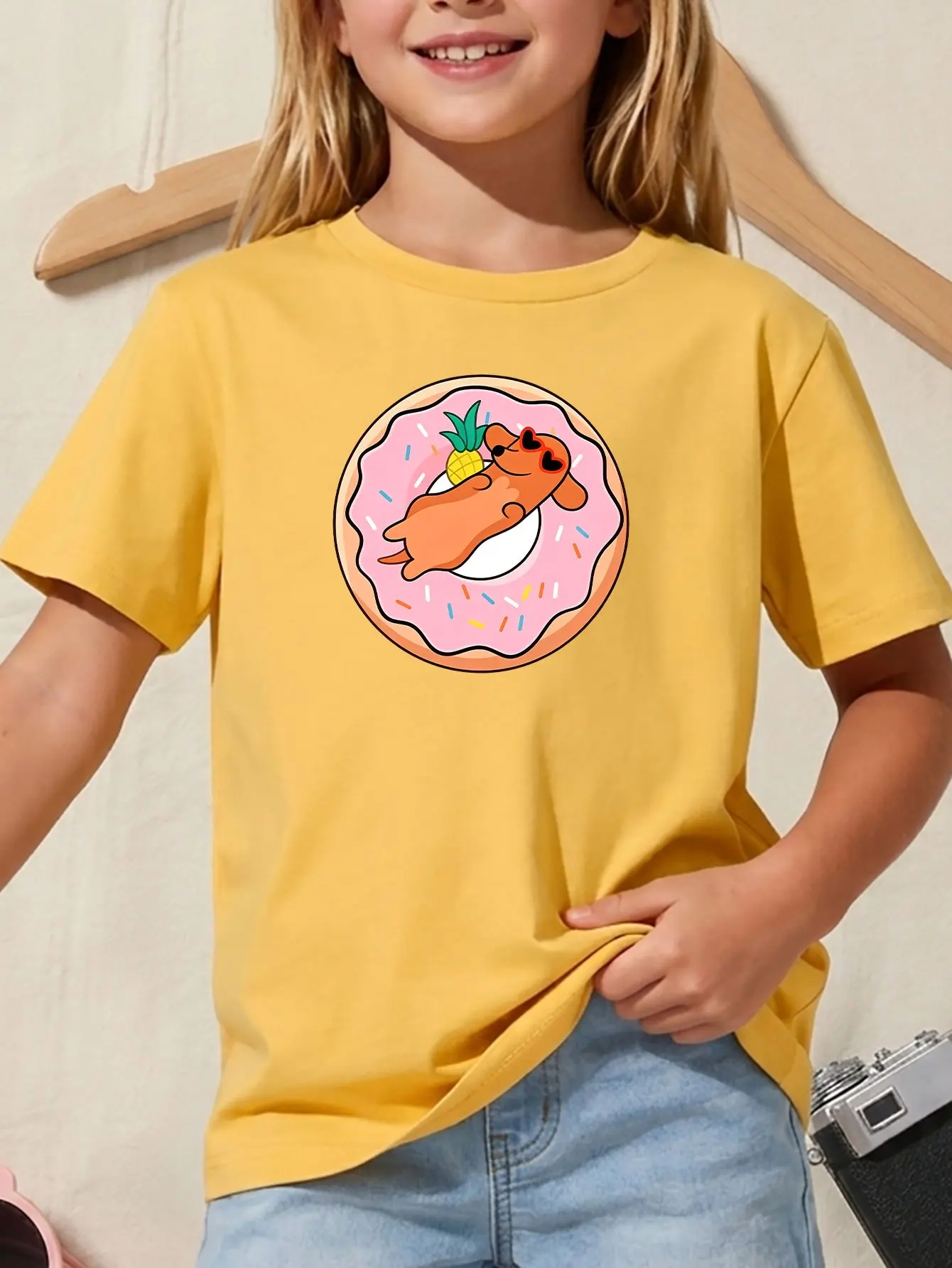 Cute Dachshund Donut Pineapple Print Family Matching T Shirt Boys Girls Tee Parent Child Casual Top Mom Dad Kid Summer Daily Wea
