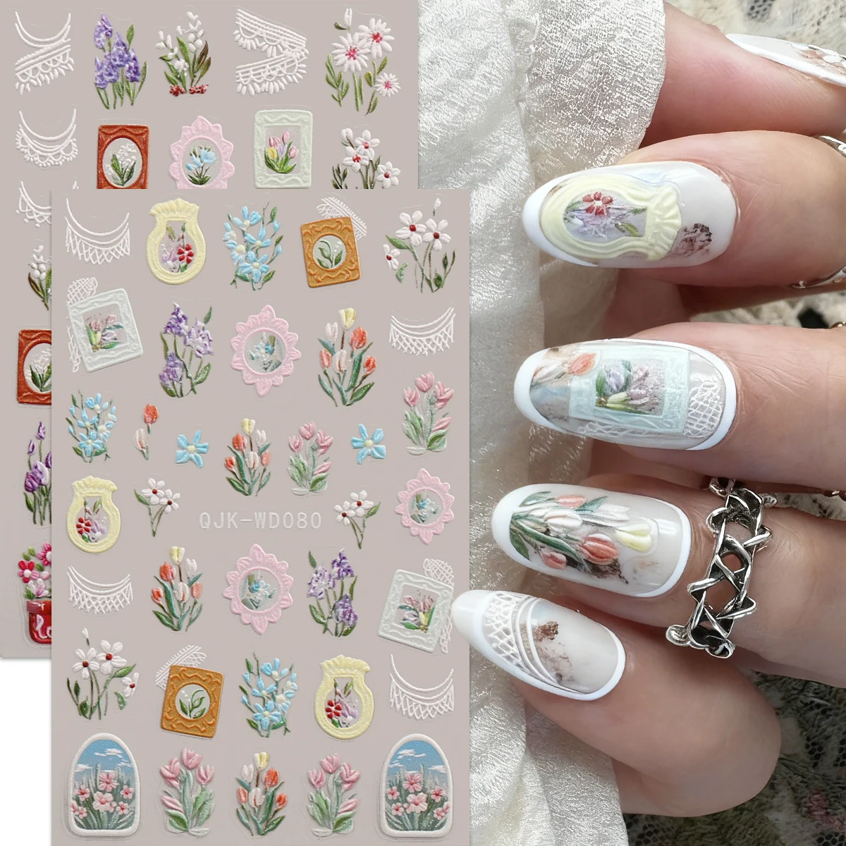 2 قطعة الربيع الرجعية التطريز النمط الرعوي تنقش ملصقات فن الأظافر ، رائعة 5D مسمار ملصقات فنية ، مسمار الديكور ، DIY بها بنفسك ، هدية #1