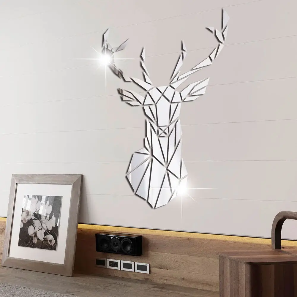 Gift Self-adhesive Modern Style Multiple Sizes Wall Art Mirror Surface Decals Living Room Mural 3D Deer Head Stickers