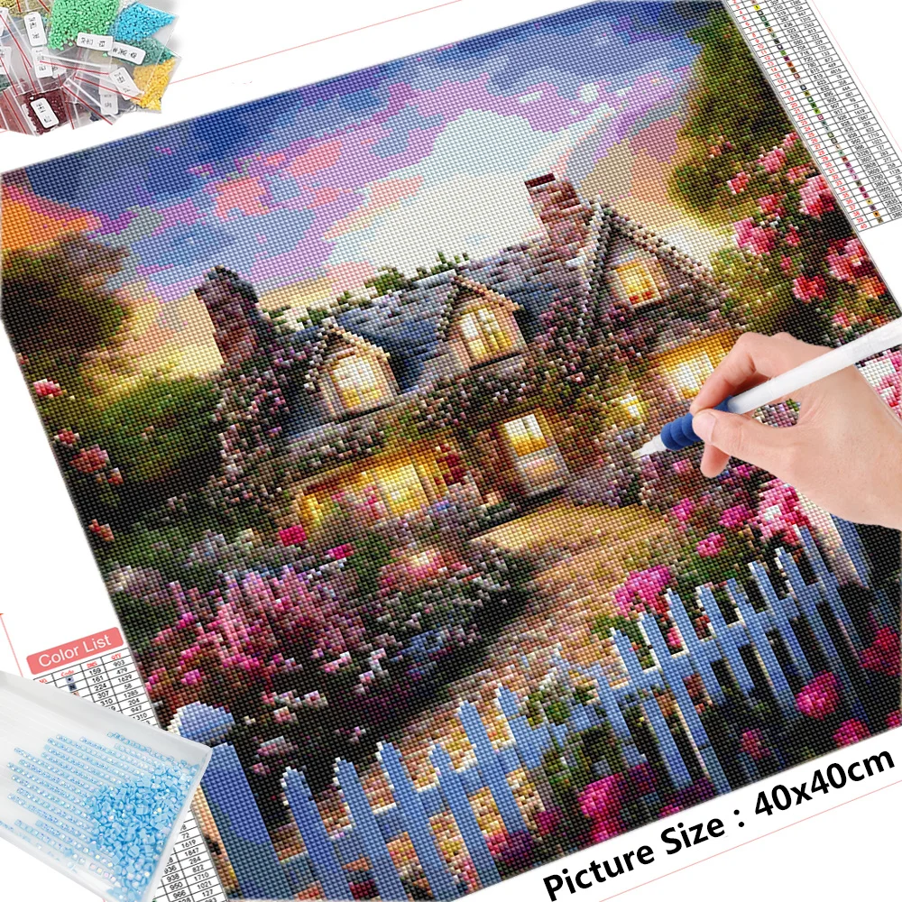 HUACAN Diamond Embroidery House Picture Rhinestones Landscape Mosaic New Arrival Flower Painting Cross Stitch Handicraft