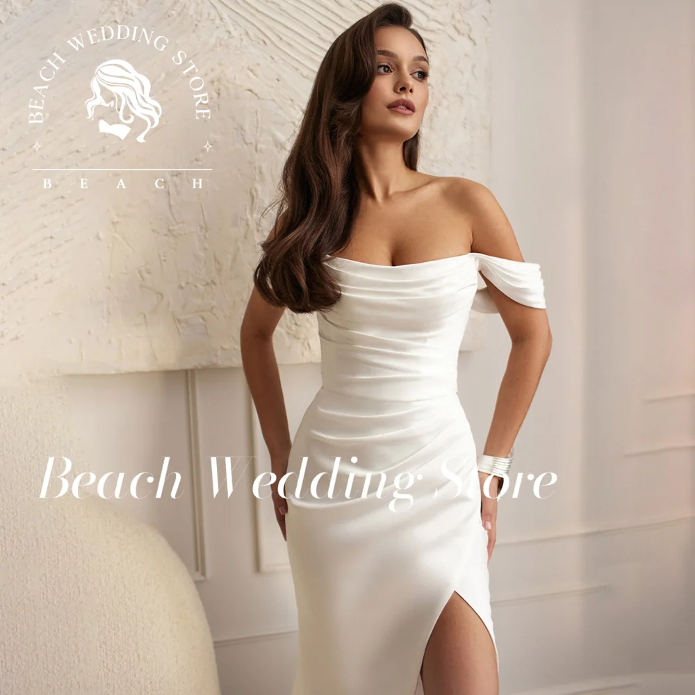 Strand weg von der Schulter trägerlos rückenfrei einfache moderne Brautkleider mit Hifh-Schlitz bodenlangen Vestidos De Novia individuell gestaltet