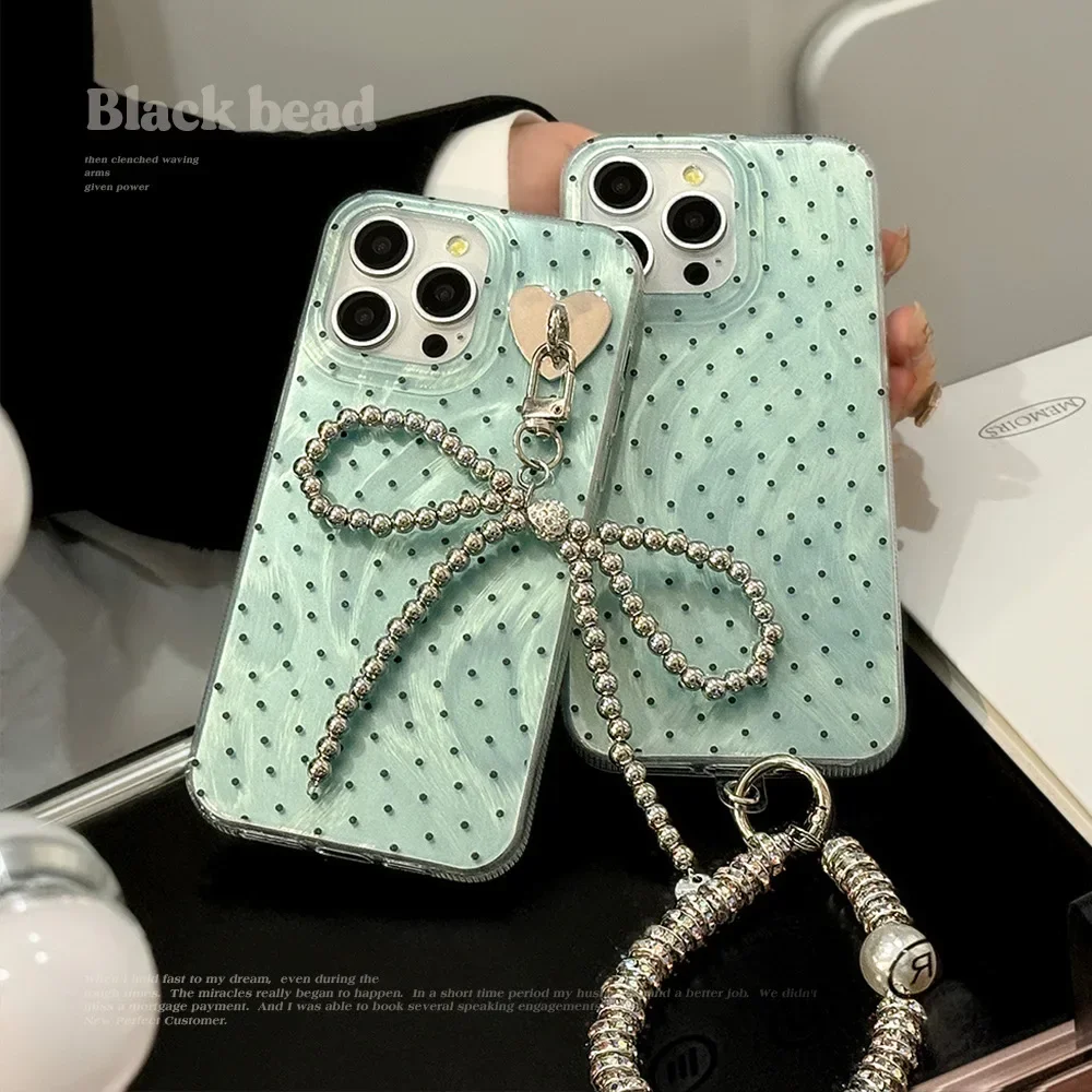 Ins Style Bow Decoration Mint Green Polka Dot Phone Case for IPhone16 15 14 12 13 11 Pro ProMax Plus X XR Shockproof Phone Cover