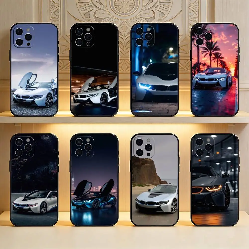 

I8 New Energy Supercar Phone Case For iPhone17,16,15,14,13,12 Plus,Max Soft Silicone Black Cover