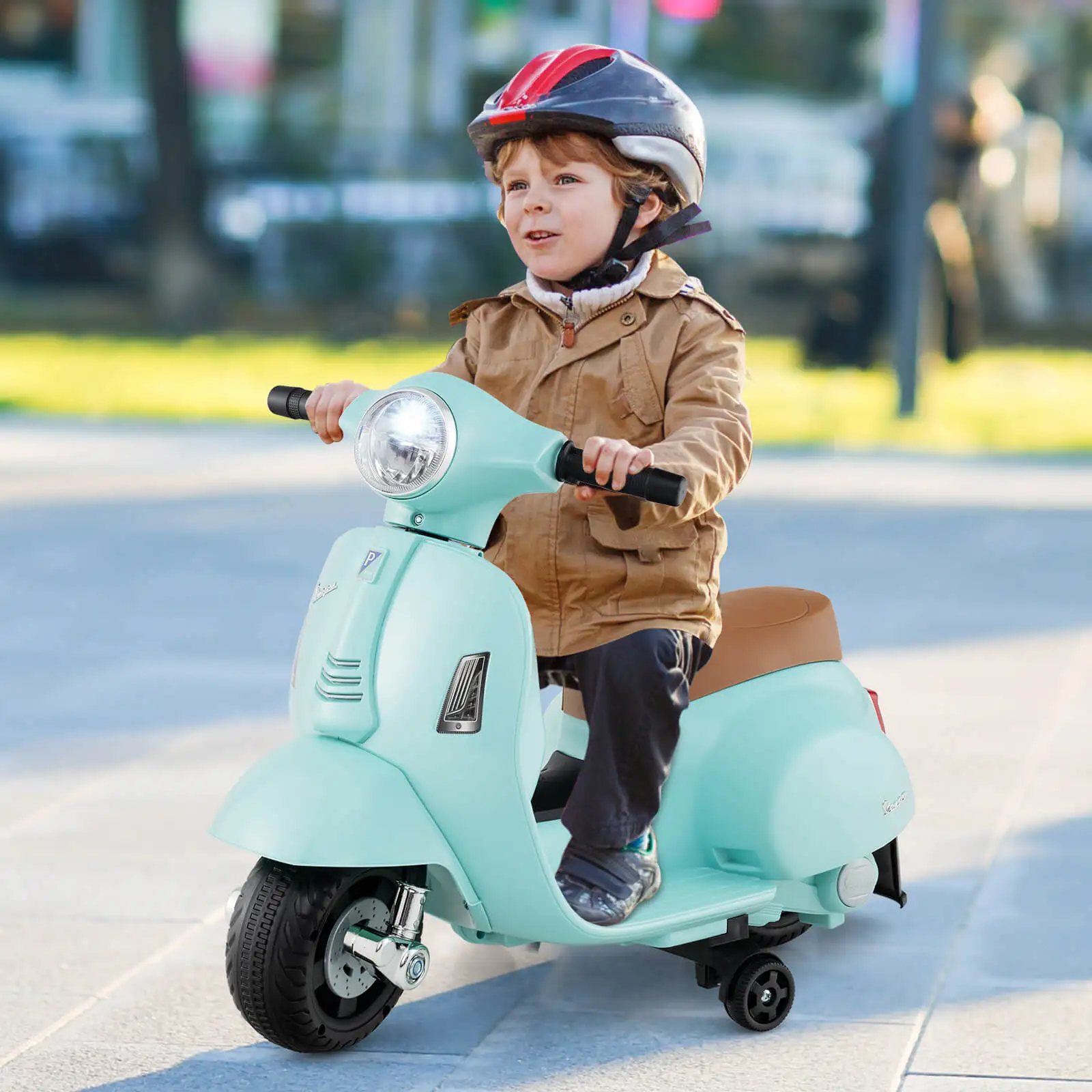 I bambini viaggiano in moto con ruote da allenamento clacson per fari batteria da 6V