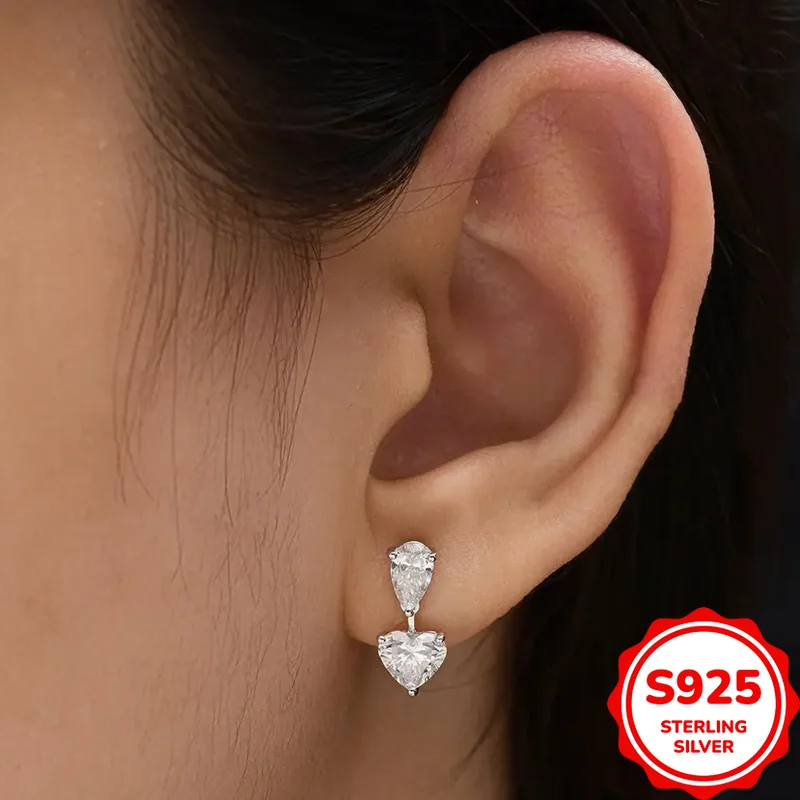 Exquisite and Elegant Genuine S925 Silver Water Drop Heart Shaped Zircon Pendant Tassel Women's Earrings