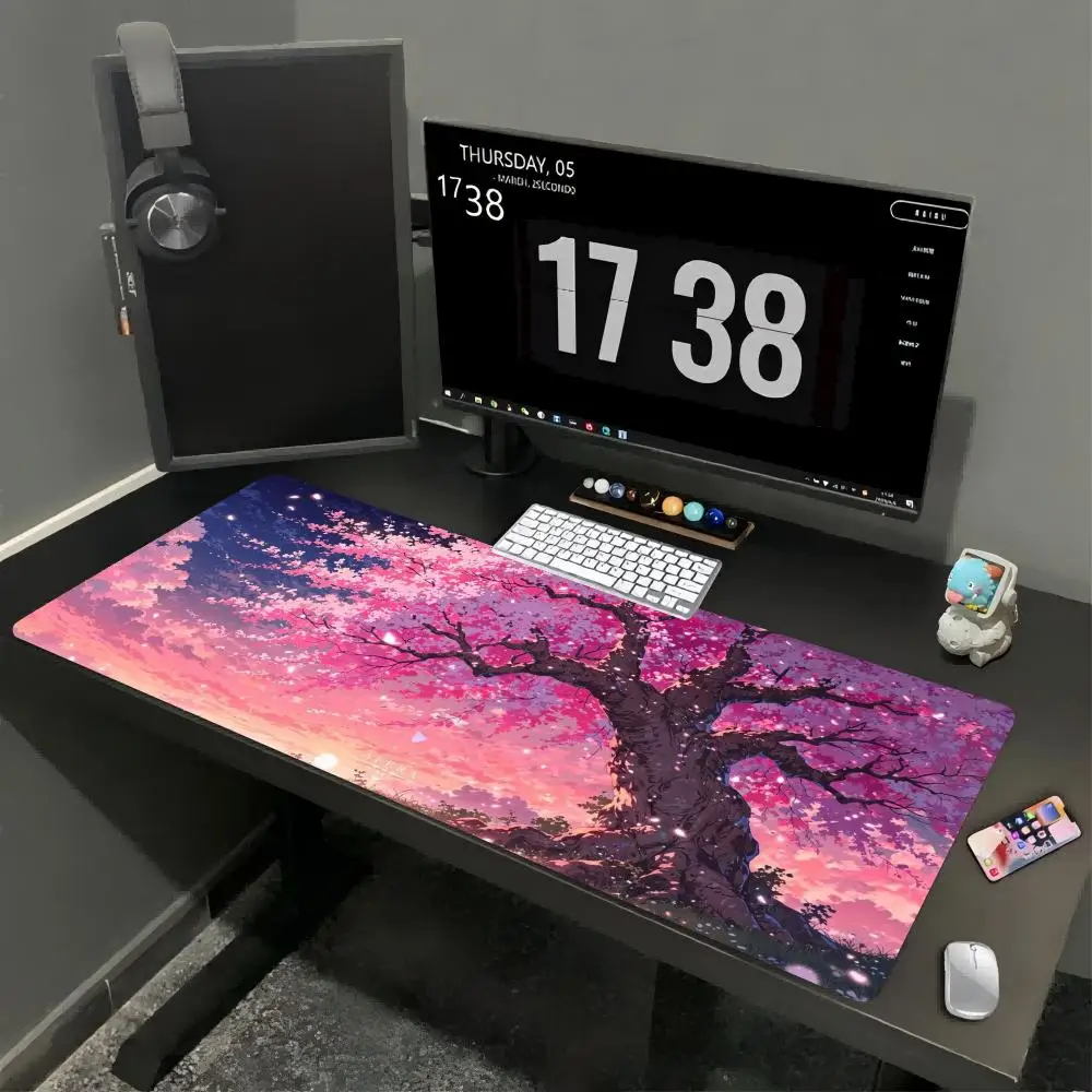 Large Mousepad Pink Night Cherry Blossom Mousepads Keyboard Mat Deskpad Pc Game Desk Mats Floral View Mouse Mats For Desktop