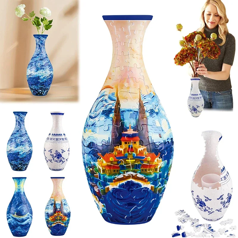 

3D Puzzle Vase DIY Assembly Creative Blue And White Porcelain Design Plastic Home Decoration Flower Arrangement Kids Toys Gifts