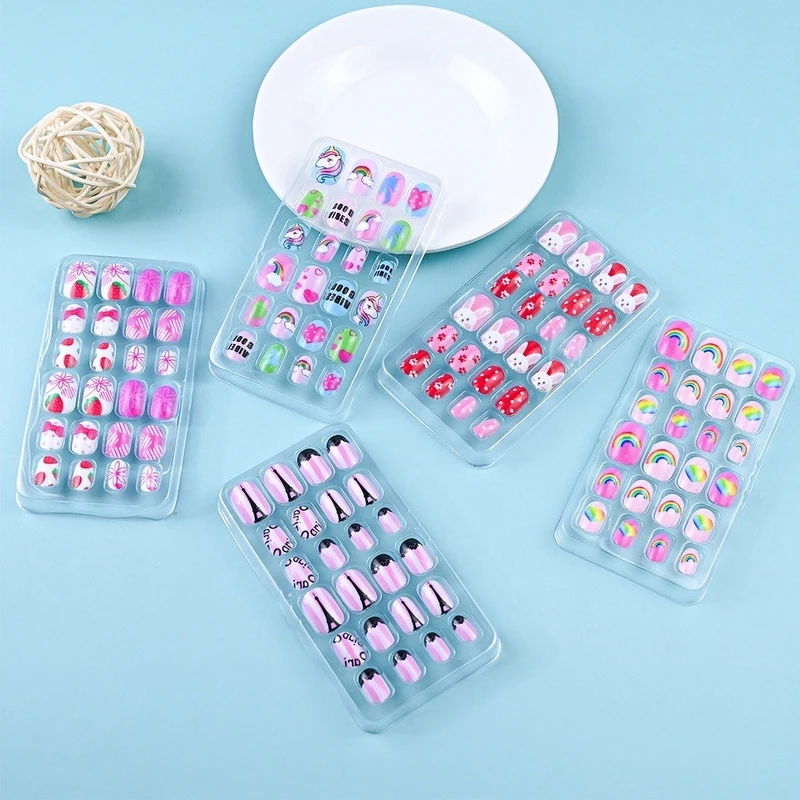 Faux ongles à pression pour enfants, 24 pièces, couverture complète, courts, Design, décoration, joli motif