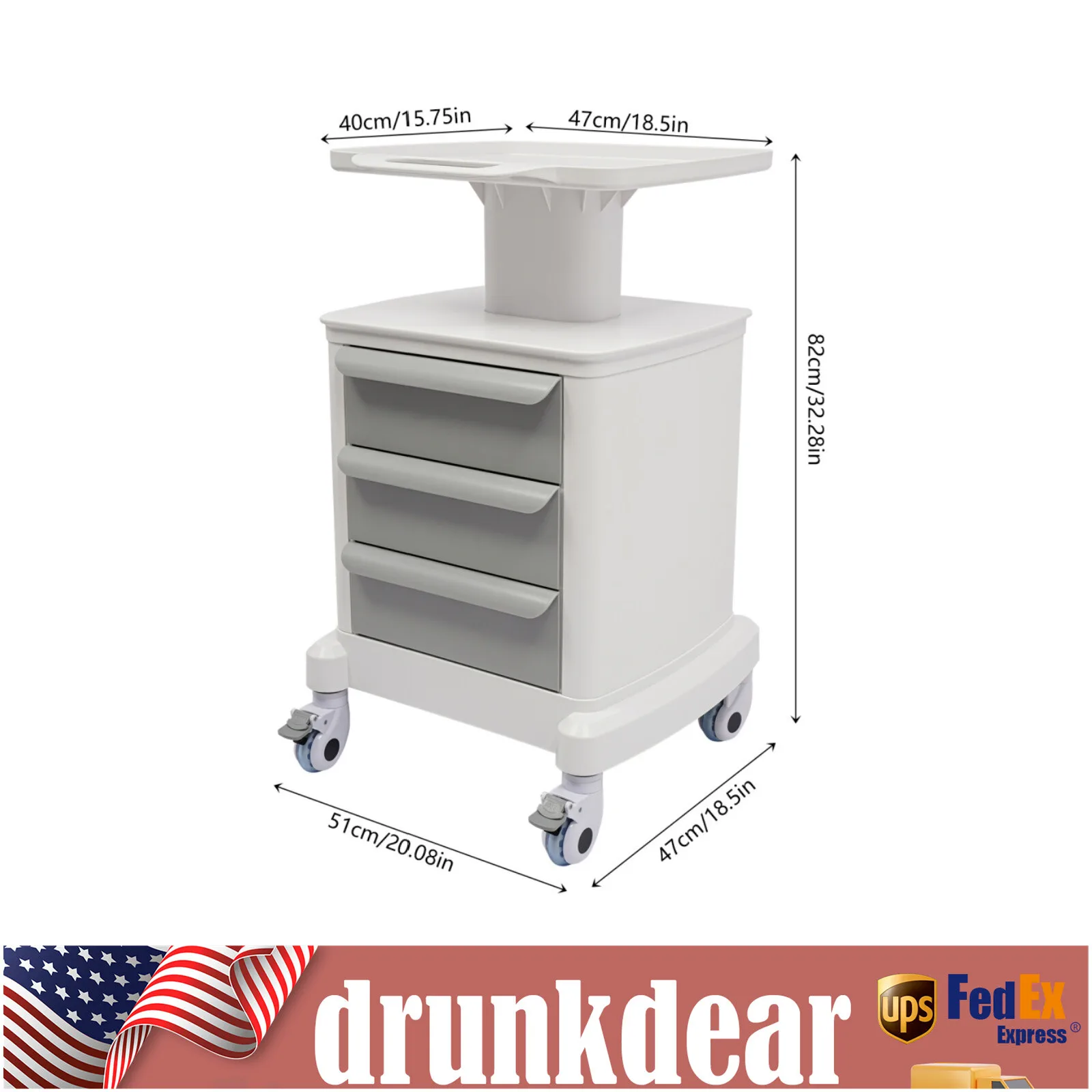 

Dental Medical Mobile Cart Instrument Trolley 3 Drawers with Power Socket