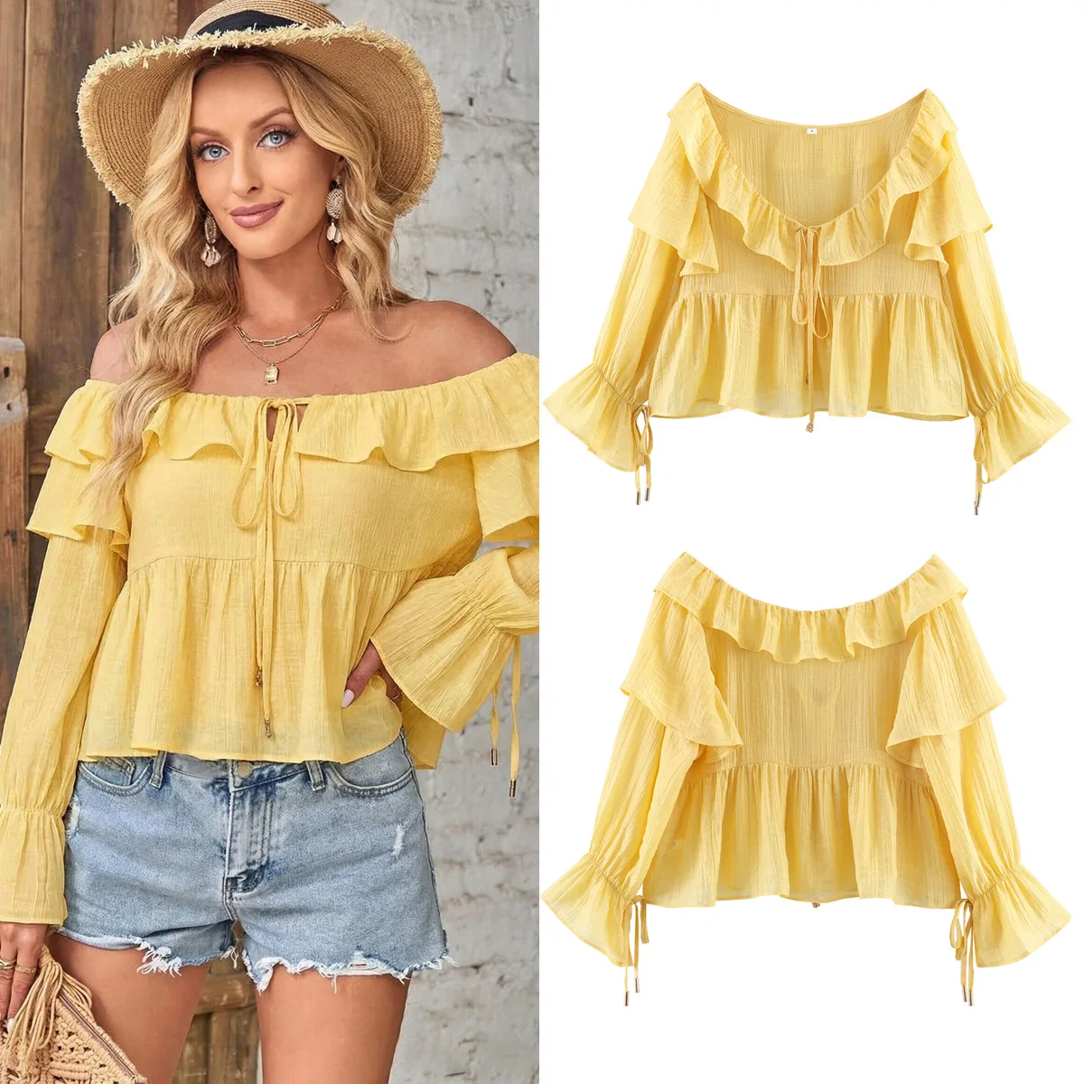 Withered Women's 2026 Summer European And American Fashion Ruffle Edge Layered Decoration Trumpet Sleeve Shirt Top For Women