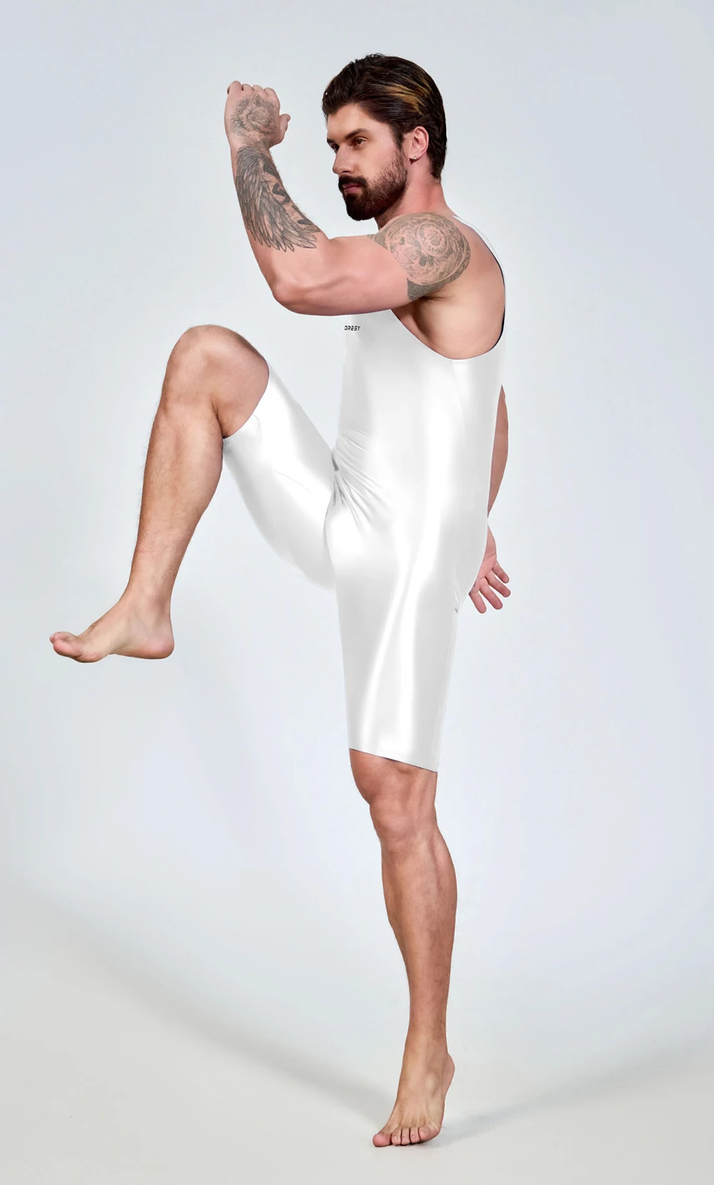 AMORESY Herren Sexy Glänzender, glatter Bodybuilder-Singlet, ärmellos, zum Laufen, Catsuits, Fitness, Yoga, Sport, Overall, Radfahren, einfarbig, eng anliegend – Detail 15