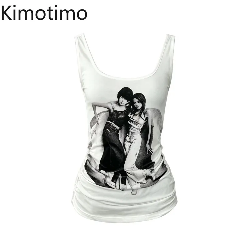 Kimotimo Y2K Graphic Print Tank Top Women White Sleeveless Folds Slim Fit Camisole Vest Vintage Fashion Streetwear Ropa De Mujer