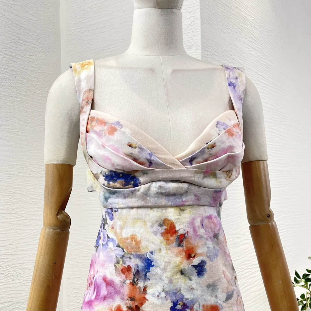 متعدد الألوان طباعة الأزهار بلا أكمام عارية الذراعين قطع الخصر فستان ميدي 2025 تصميم جديد