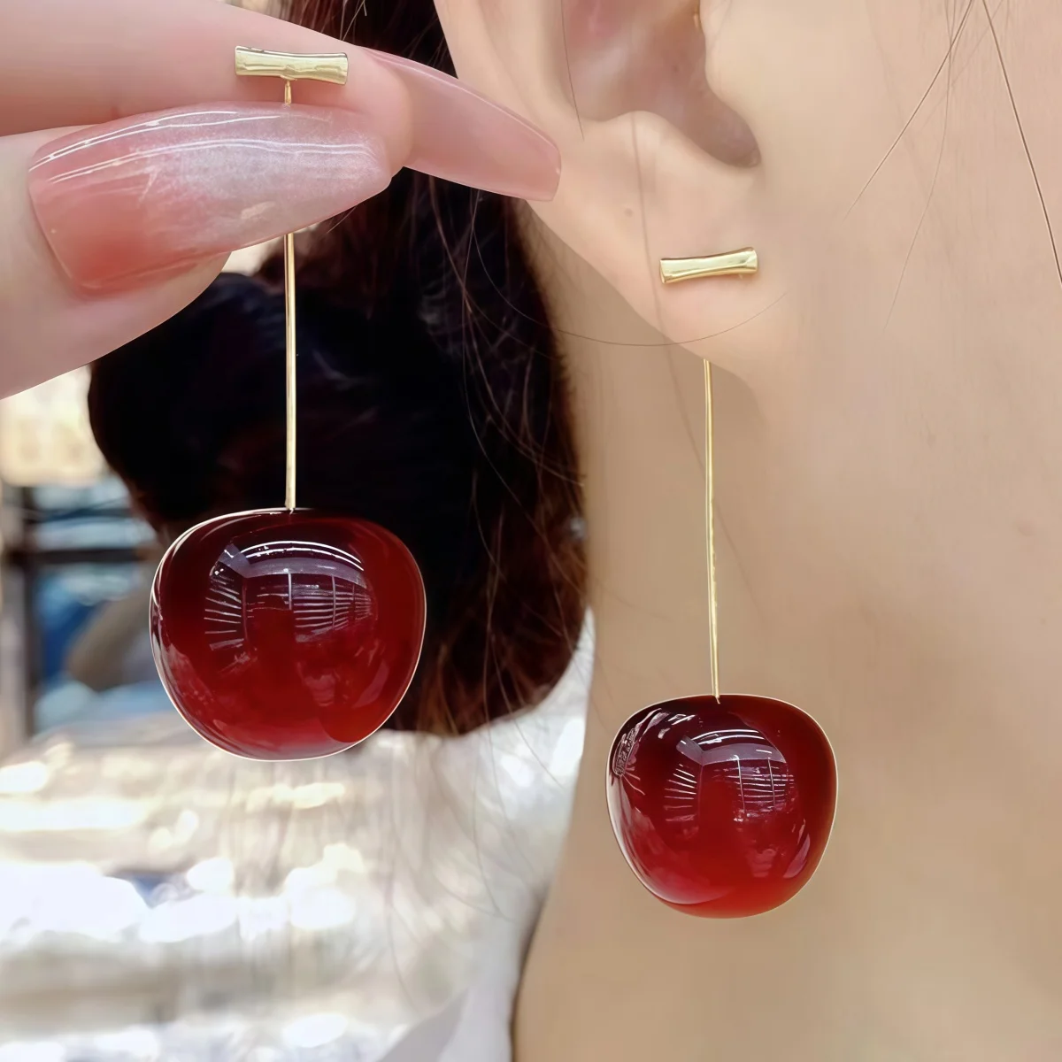 Women's Cute 3D Red Cherry Drop Dangle Earrings