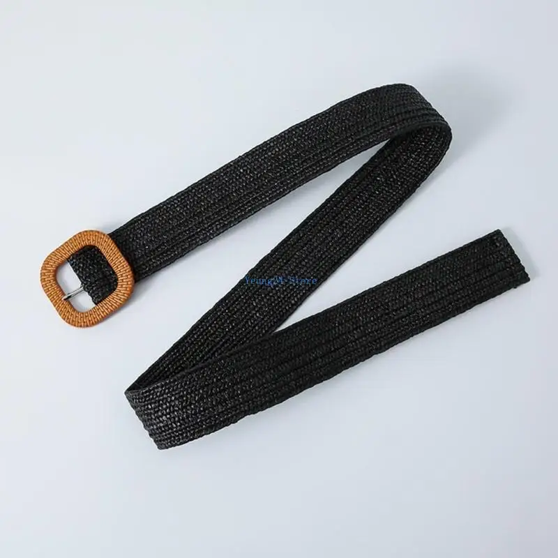 P8DB 여성을위한 빈티지 니트 짚 땋은 와이드 벨트 다채로운 버클 숙녀 복장 벨트