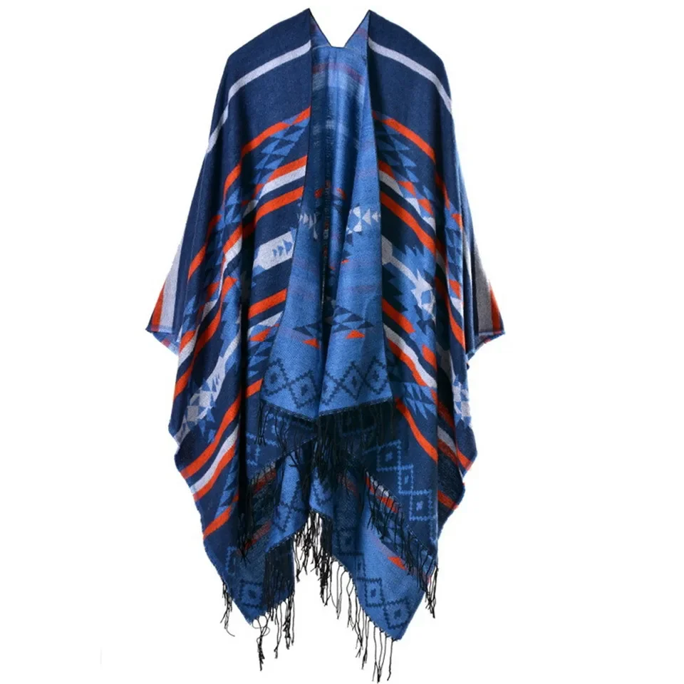 Bohemian Women\'s Autumn Winter Poncho Ethnic Scarf Fashion Print Blanket carves Lady Knit Shawl Tassel Cape Thicken Pashmina