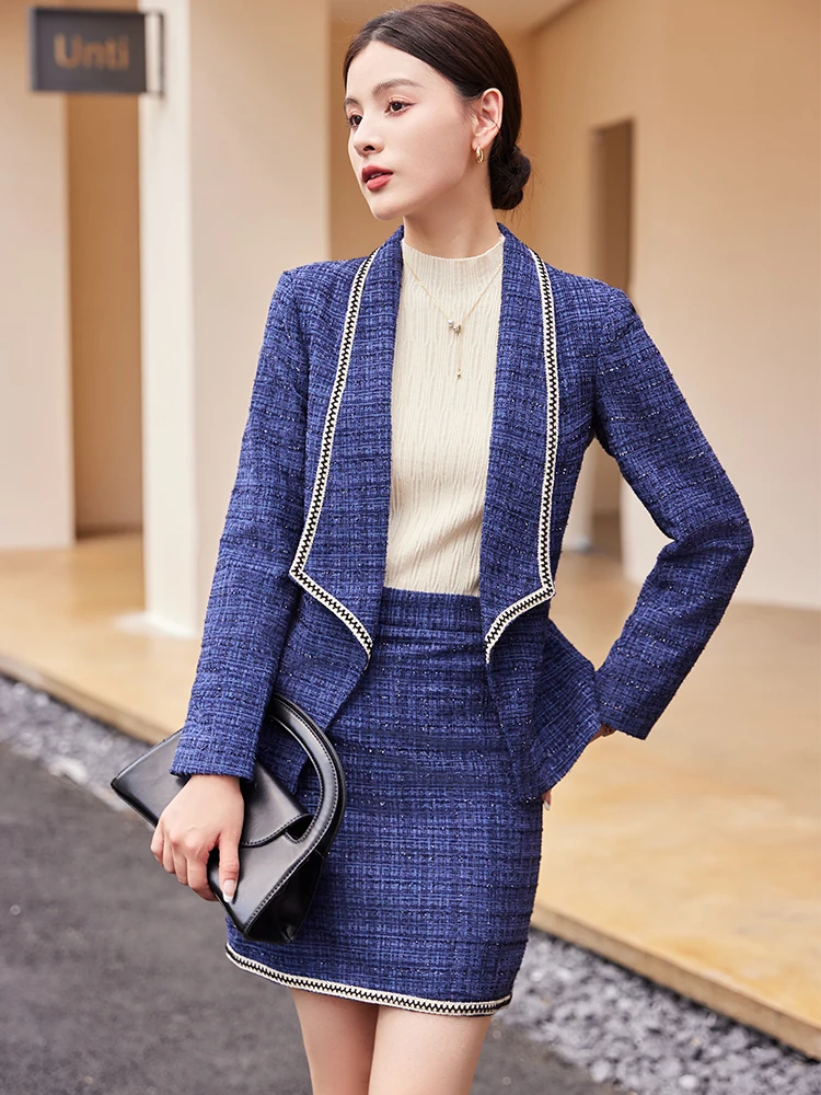 

Women Coats Skirt Sets Suit 2023 New in Blue Pink Long Sleeve Office Ladies Work Wear Female Formal Jacket Two Piece Short Set