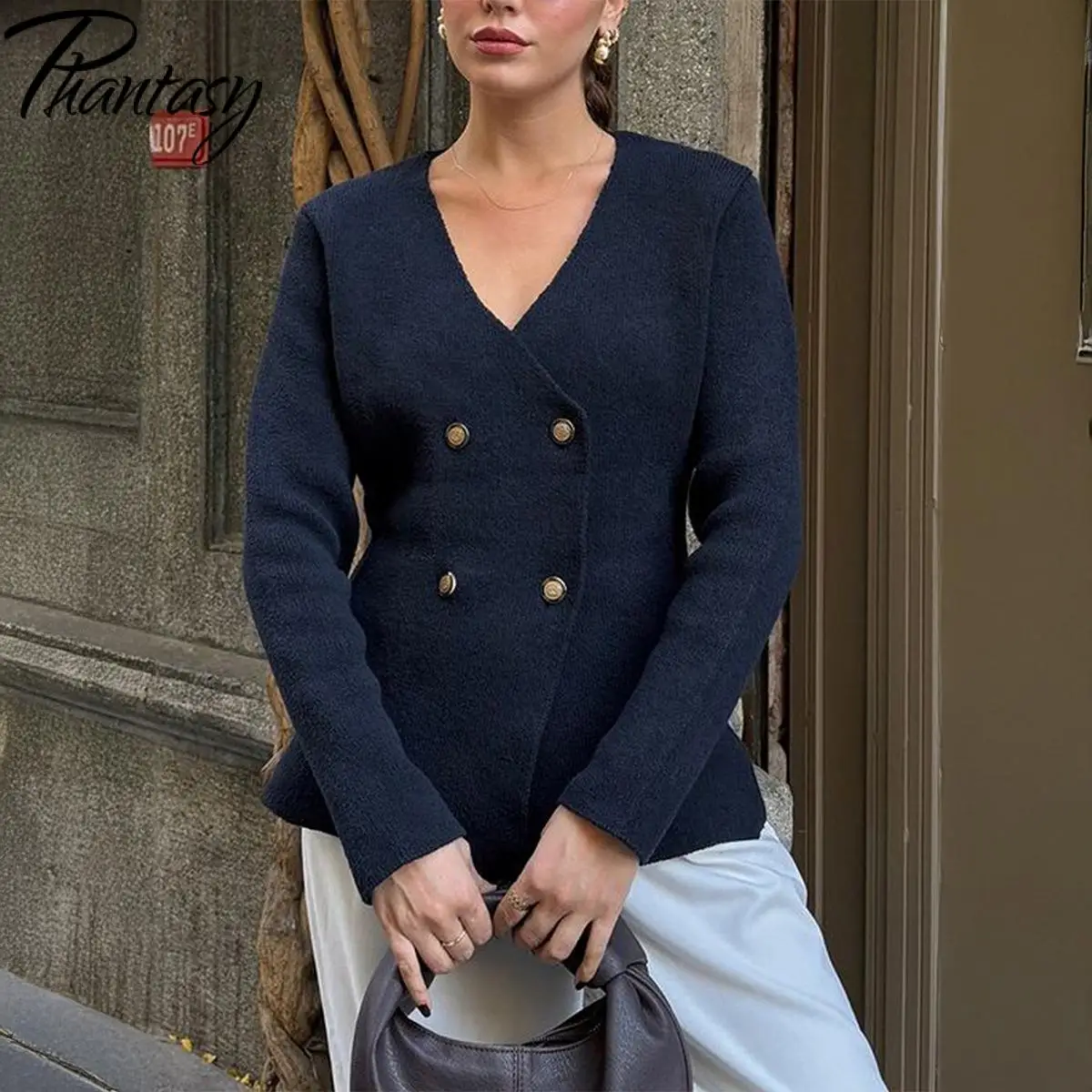 Phantasy Autunno Nuovo Colore Solido Con Scollo A V Sottile Decorazione Dei Bottoni Maglione A Maniche Lunghe Semplice Maglione A Maniche Lunghe Abbigliamento da Donna