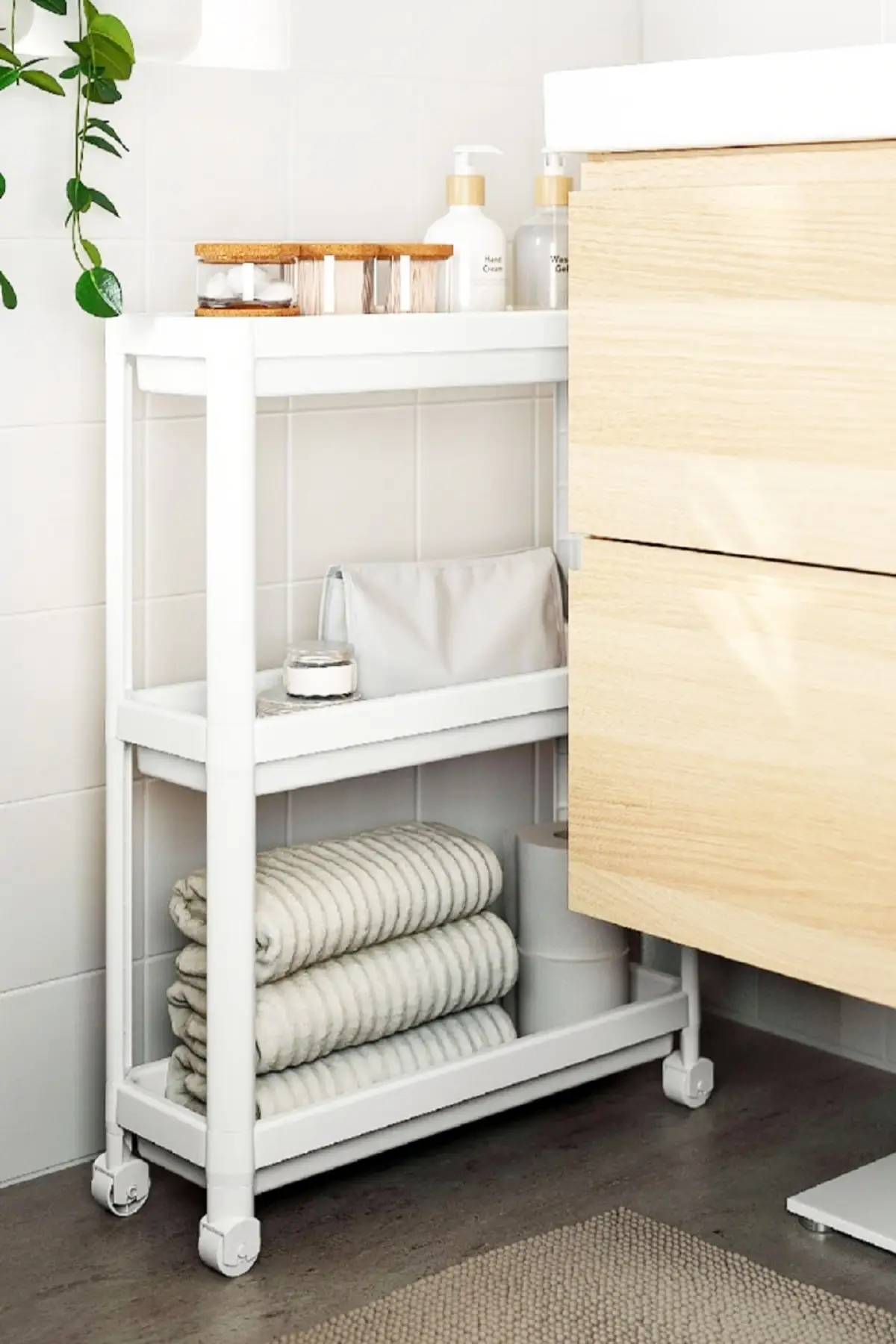 Vesken Wheeled Shelving Unit 3 Tiers White Bathroom Shelf Kitchen Shelf Serving Table Organizer With Shelf Bathroom Accessory