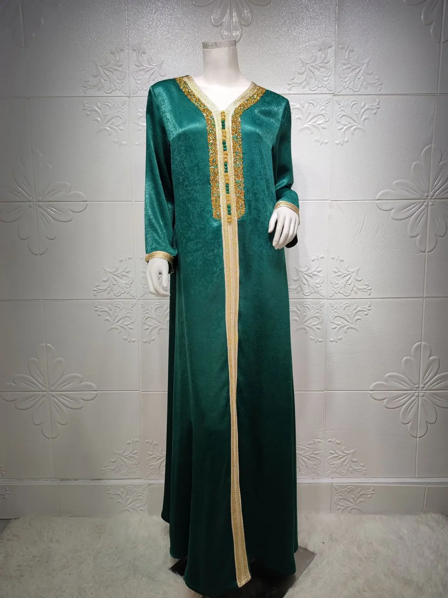 Middle East Satin  Dress with Rhinestones Ribbon Lace Abaya Dubai Muslim Fashion Long Robe Loose Maxi Dress