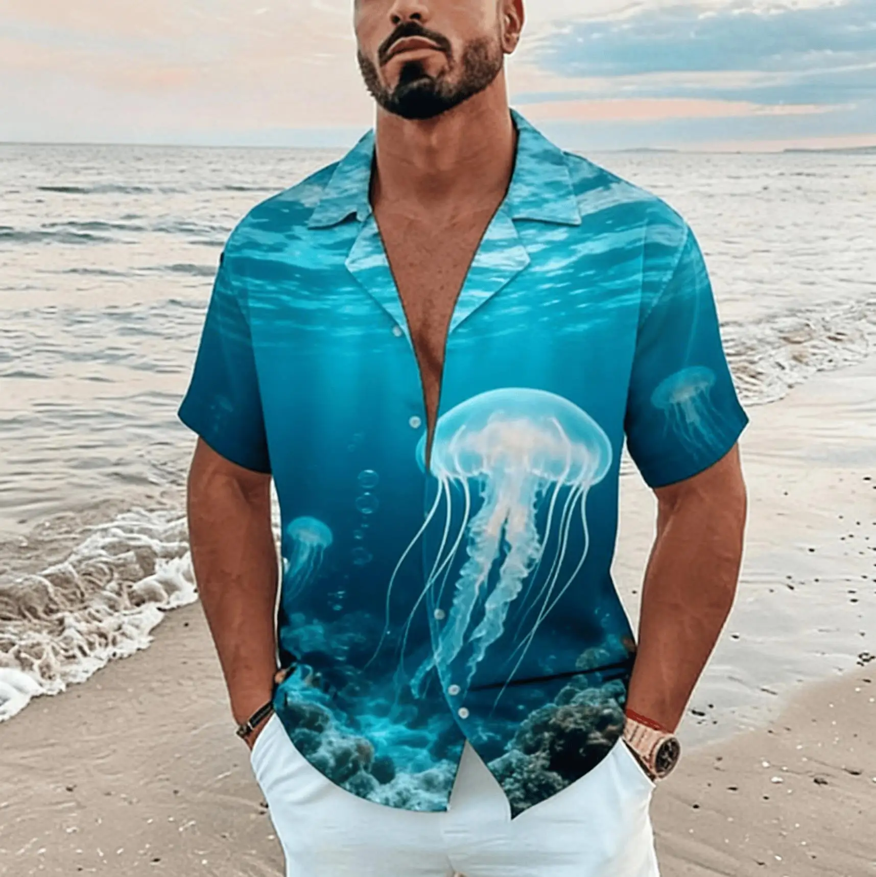 

Men's Split View Ocean Animal Print Short Sleeve Shirt, Spring Summer Marine Vacation Blouse, Loose Casual Top