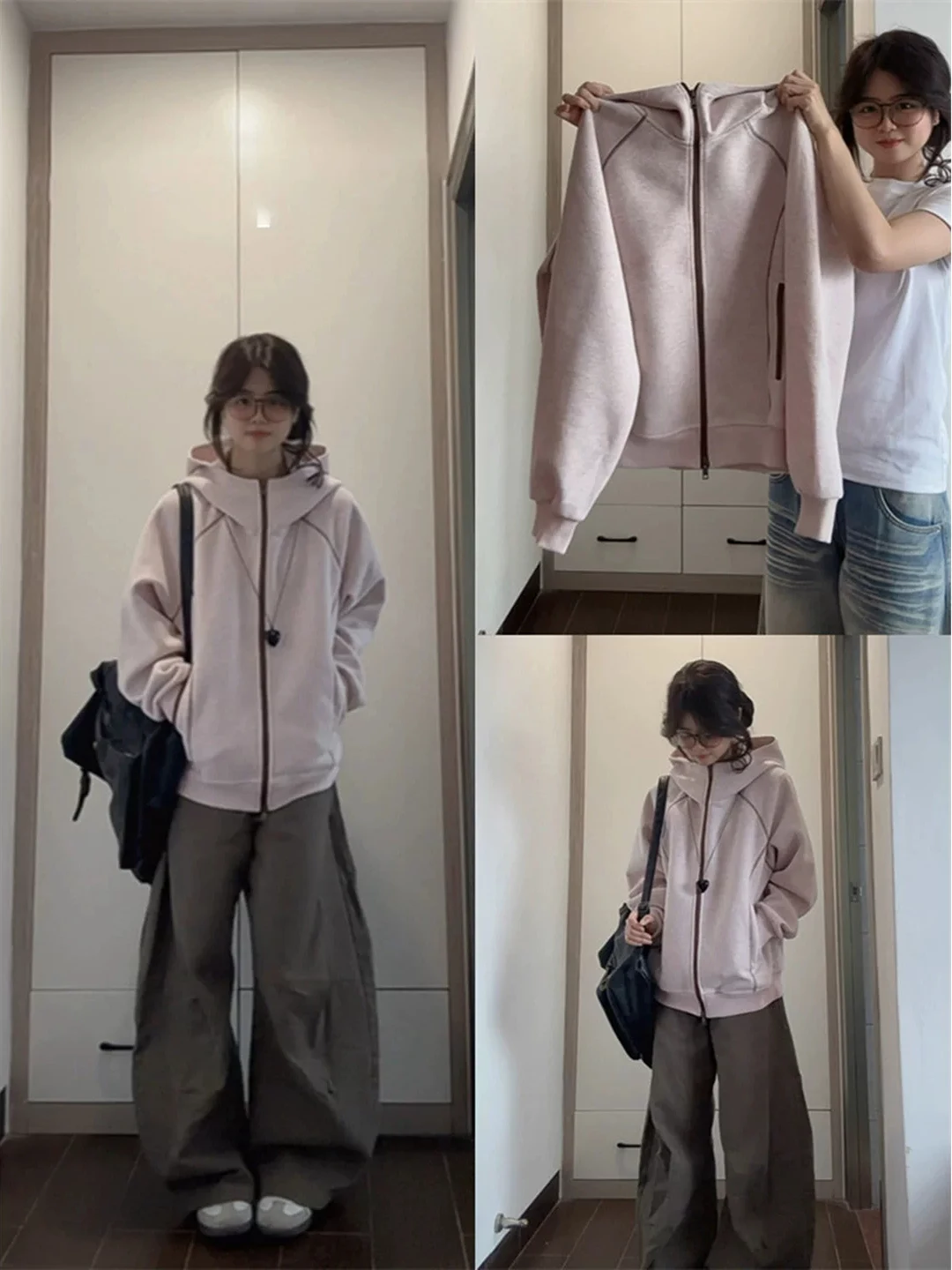 Pink Loose Hush Line Hooded Open Cardigan Sweatshirt Women's Autumn New Style Loose Lazy American Sports Trendy Outerwear