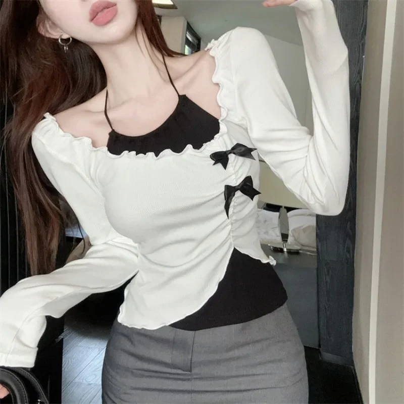 Long Sleeve T-Shirts Women Irregular Chic Bow Design Halterneck All-match Attractive Casual Sexy Spicy Girls Spring Streetwear