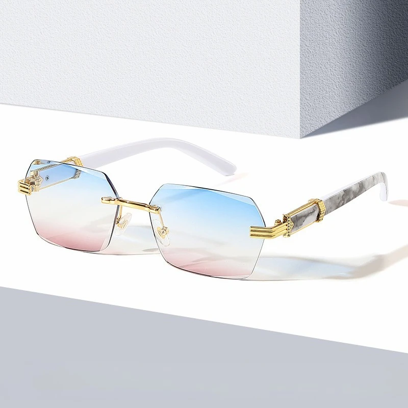 Unisex Rimless Cut‑Edge Retro Polygon Sunglasses Gradient Ocean Lens Influencer Style Small Square Shades For Summer Travel