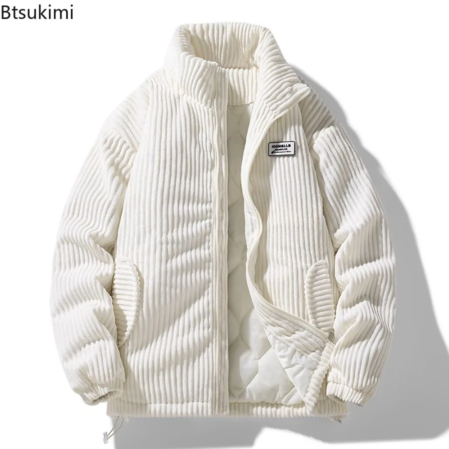 New Winter Fashion Casual Parkas for Men Stand Collar Solid Color Outerwear Corduroy Thicken Warm Jacket Cotton-padded Jacket