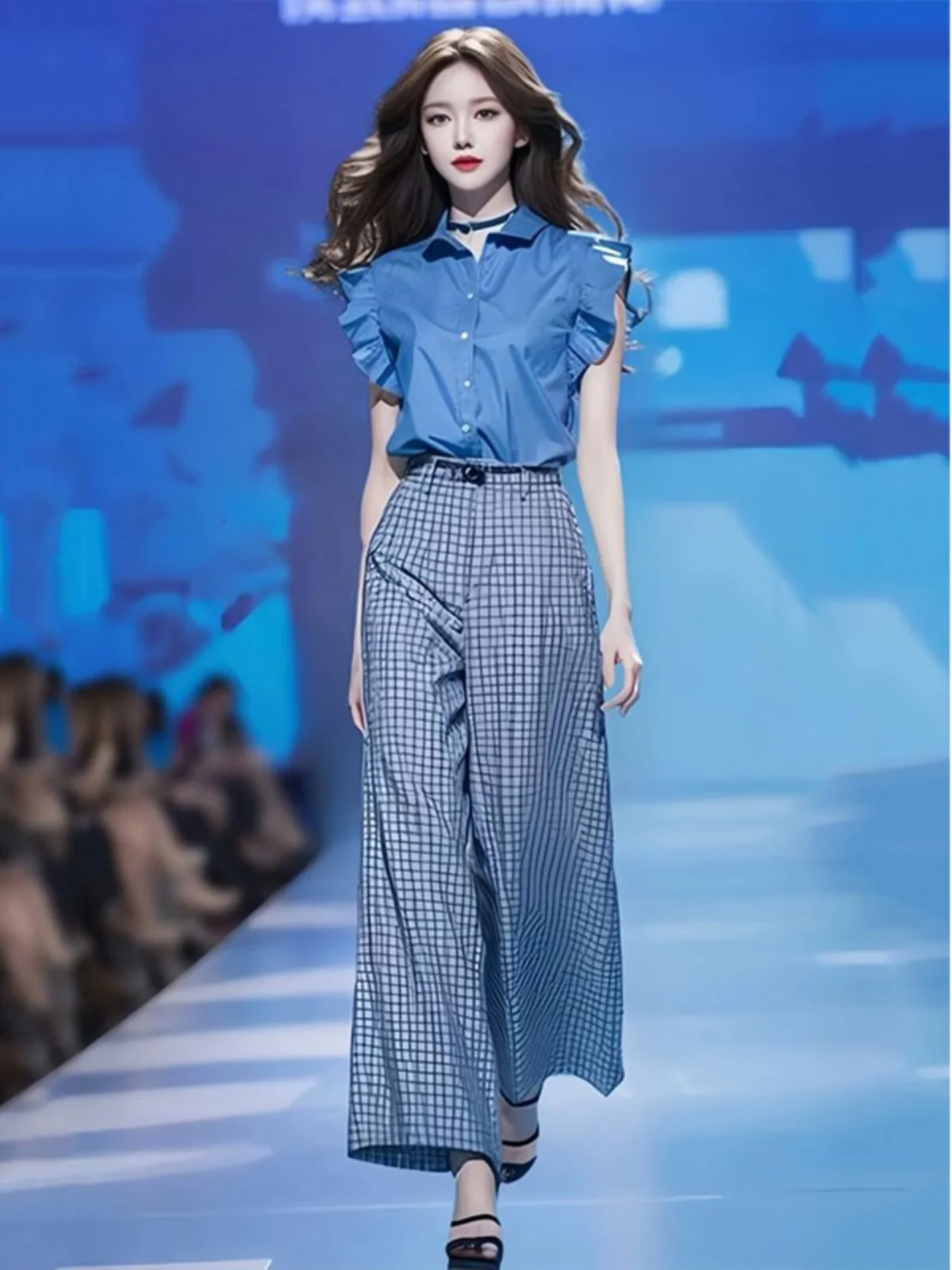 

Women's Two-piece Blue Lapel Flying Sleeve Shirt Tops+black And White Checkered Casual Wide-leg Pants Suits Office Lady Clothing