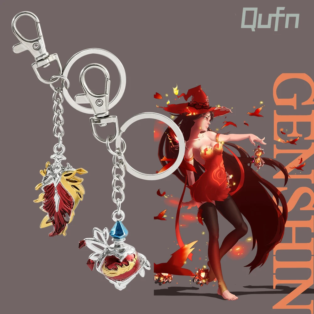 Game Genshin Impact Pendant Keychain Anime Figure Equipment Witch Everburning Feather Heart Fire Keyring Jewelry Gift for Fan