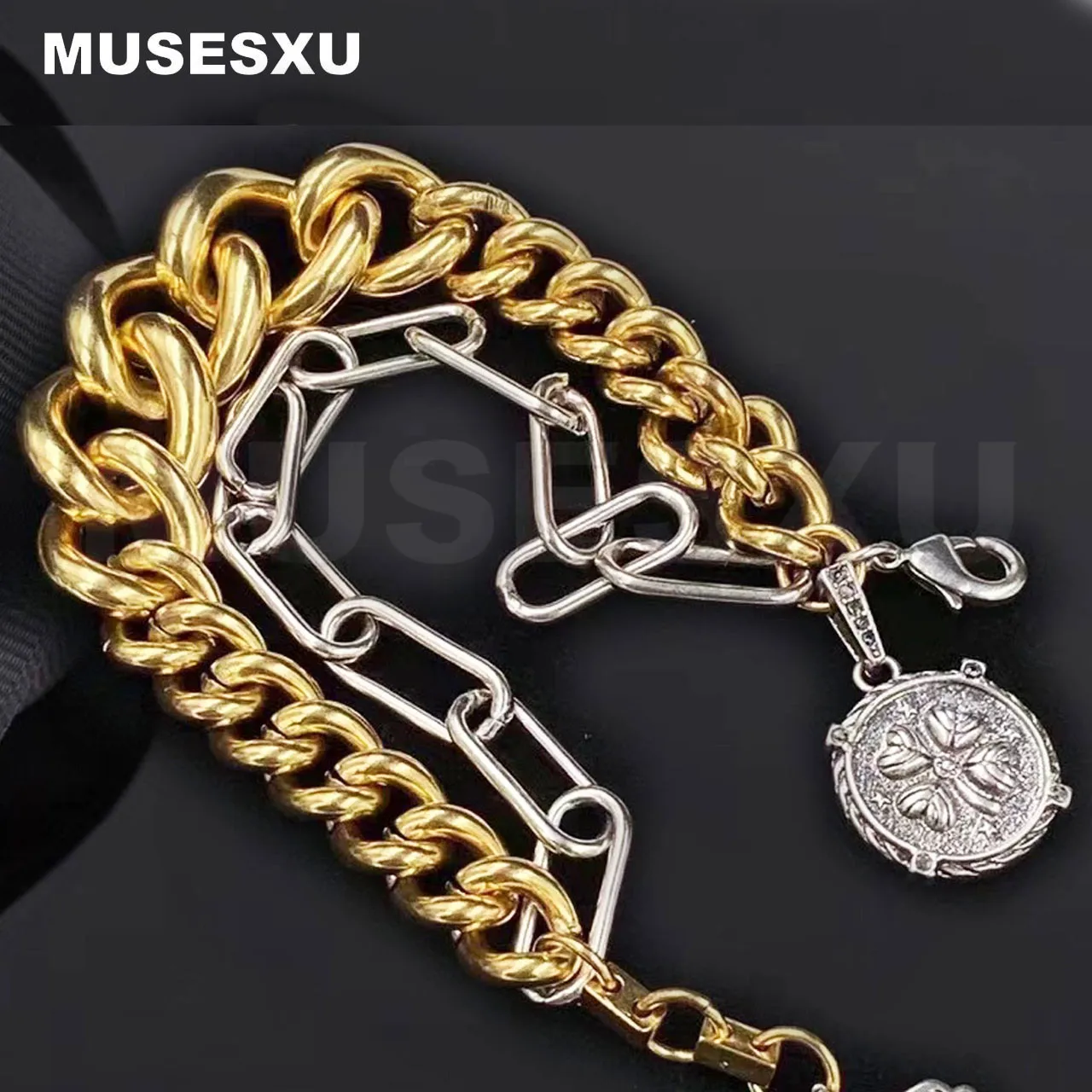 

2022 New Jewelry Luxury Brand Gold Round Pendant Double Thick & Thin Chains Two Metal Color Bracelets For Party Gifts