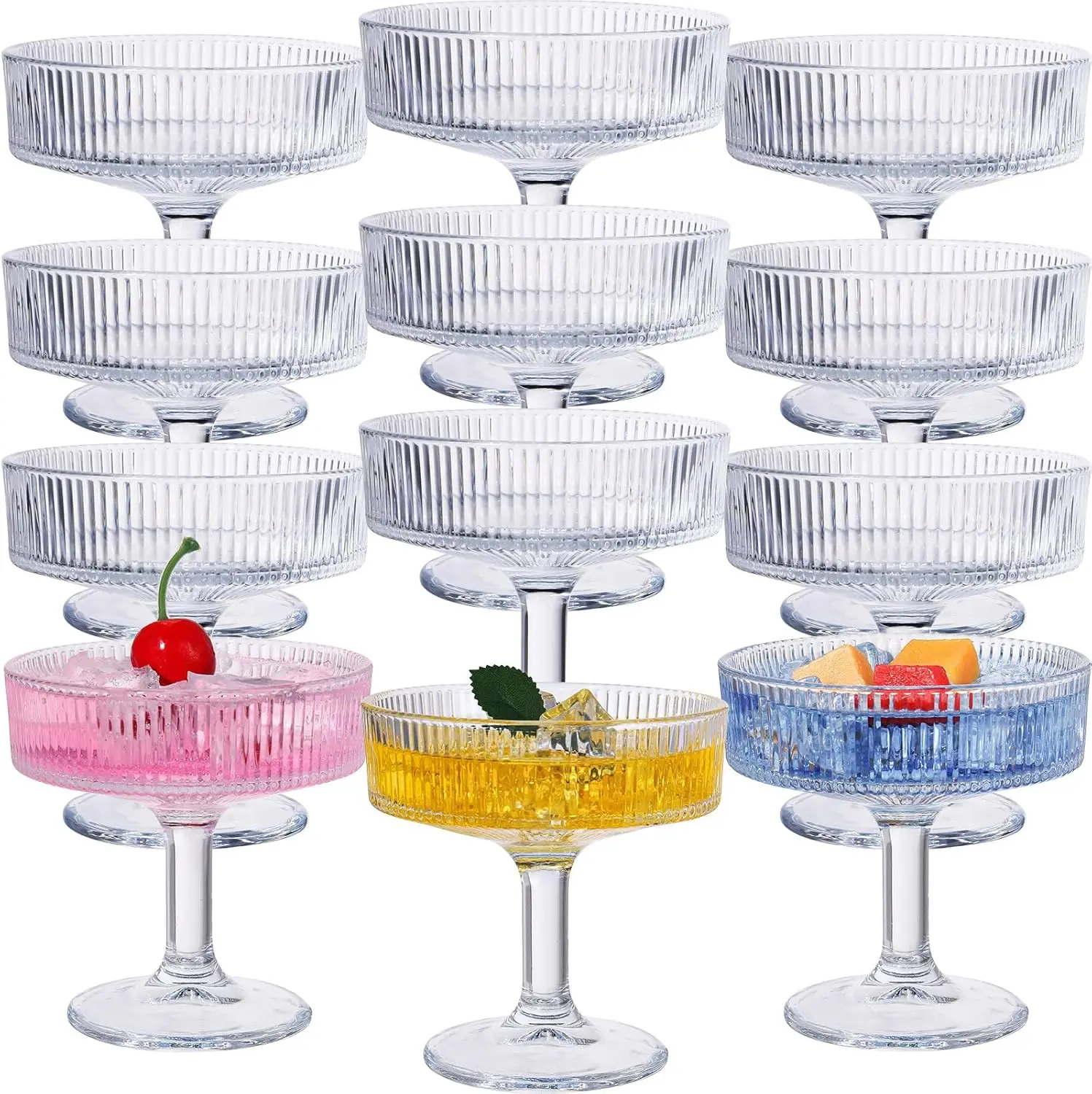 

12 Pcs Ribbed Vintage Martini Glasses 7 oz Champagne Coupe Cocktail Glassware Clear
