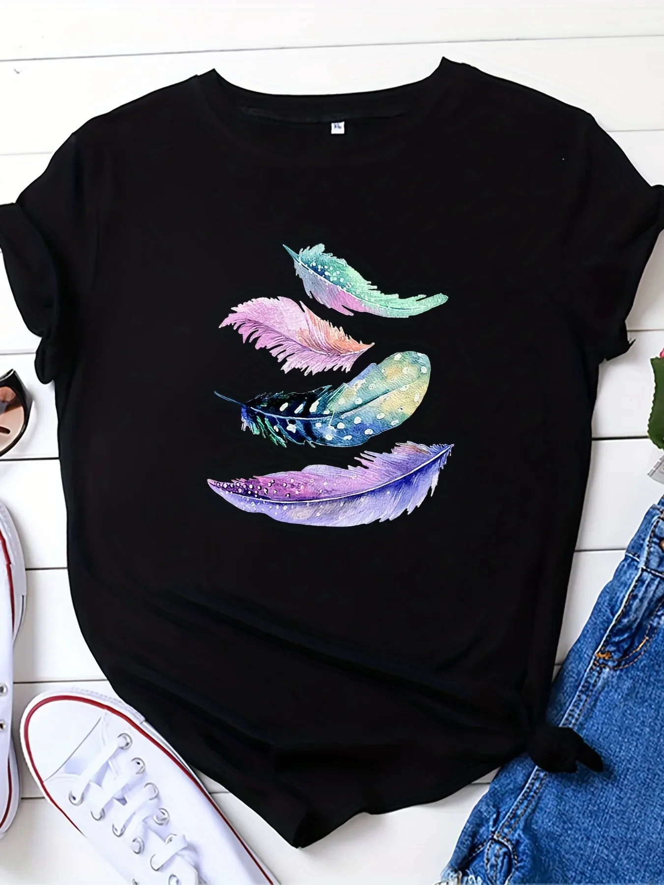 

Plus Size Casual T-shirt Women's Plus Feather Print Short Sleeve Round Neck Medium Stretch T-shirt