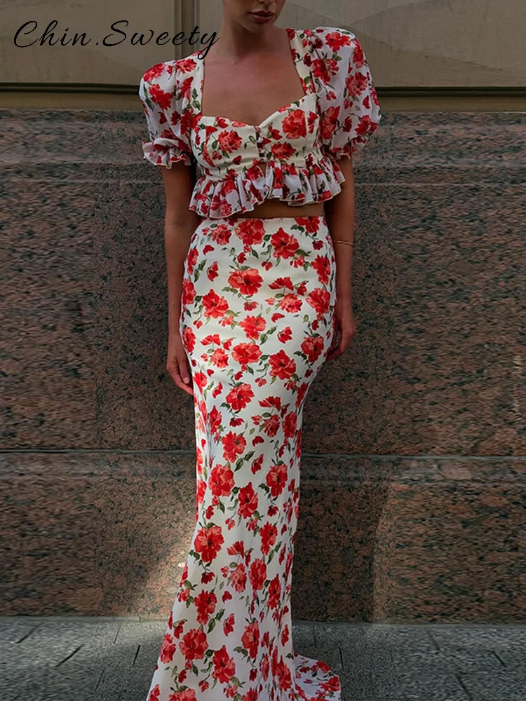 

Elegant Printed Long Skirts Sets Women Square Collar Half Sleeve Crop Tops Low Waist Slim A-line Skirt 2025 Autumn Lady Chic Set