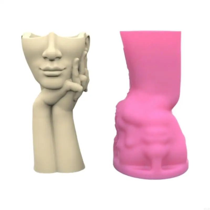 R9JE Succulent Flower Pots Mold Abstract Face Pen Holder Silicone Mould Plaster Planter Epoxy Resin Molds for DIY Enthusiasts