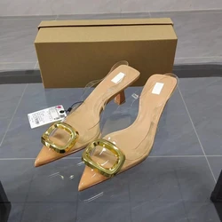 TRAF 2024 Woman Summer Transparent High Heels Pointed Toe Slingback Pumps Fashion Wedding Heels Casual Front Metal Heeled Sandal