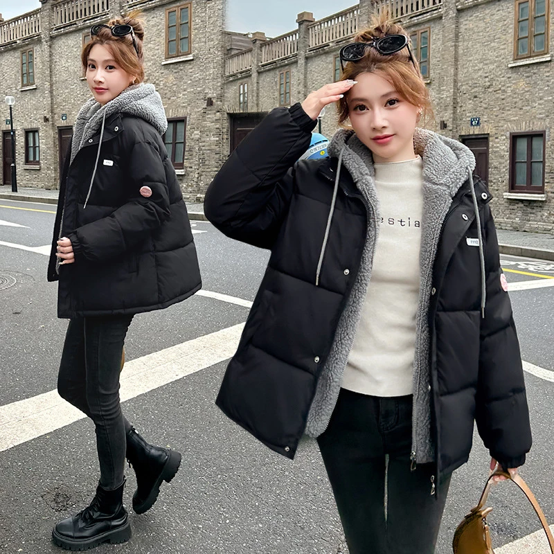 

Thick Wool Winter Down Cotton Padded Jackets Loose Women's Parkas Fake Two-piece Coats Long Sleeve Hooded Quilted Jacket Female