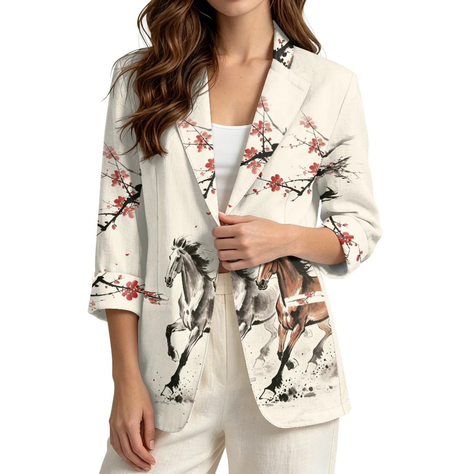 PENSTROLL Running Ink Horse Linen Style Beach Cover Up for Office Stylish Open-Front Top Open Front Cardigans