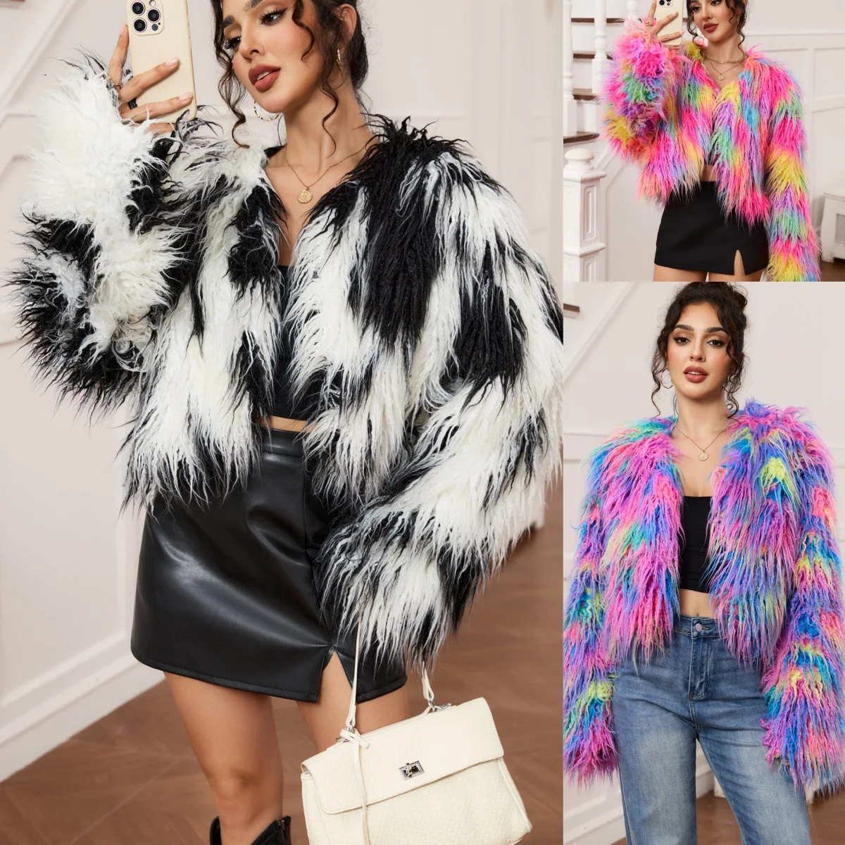 Short Coats Women Mixed Faux Fur Jackets Round Neck Coat Thick Warm Y2k Streetwear Open Front Elegant Work Outerwear Long Sleeve