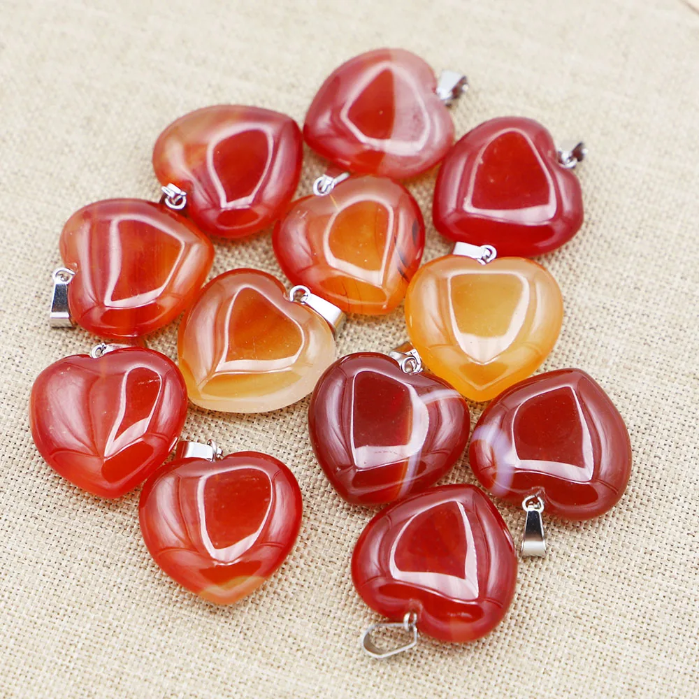 Selling Natural Red Agate Onyx Crystal Heart Pendant Necklace Charms DIY Making Fashion Jewelry Gift Accessories Wholesale 12Pcs