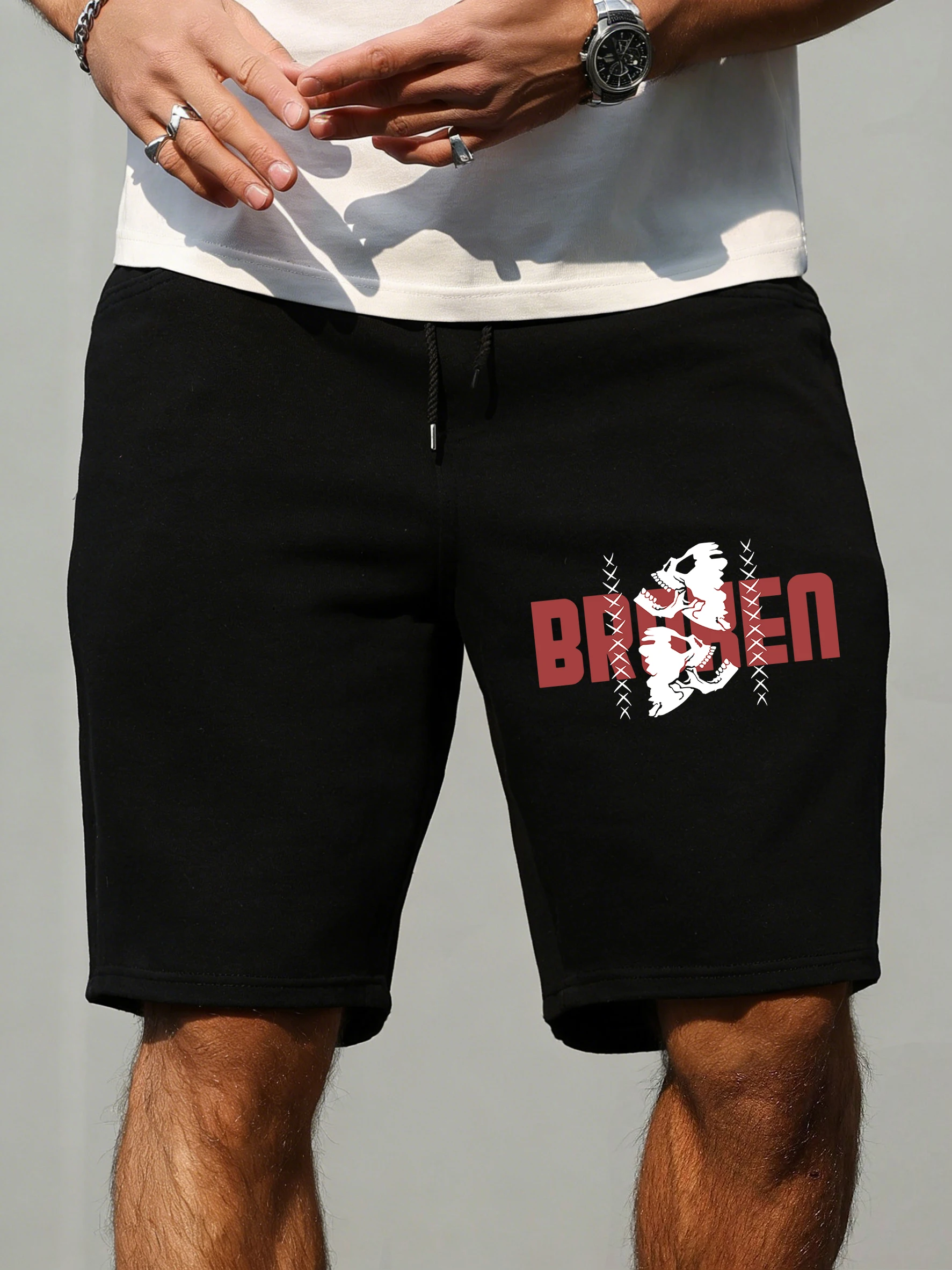 

Red Letters And Skull Pattern Men'S Shorts Elasticity Wide Leg Pants Drawstring Pocket Clothing Male Gym Summer Beach Pant