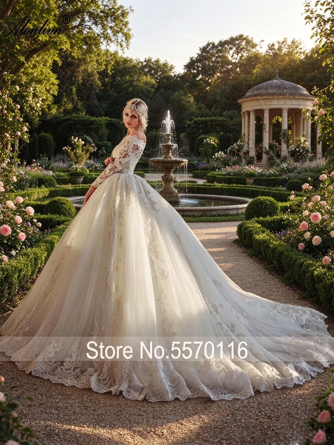 Alonlivn Customize Made Beading Crystals Full Sleeves Puffy Ball Gown Bride Dresses Boat Neck Off The Shoulder Wedding Gowns