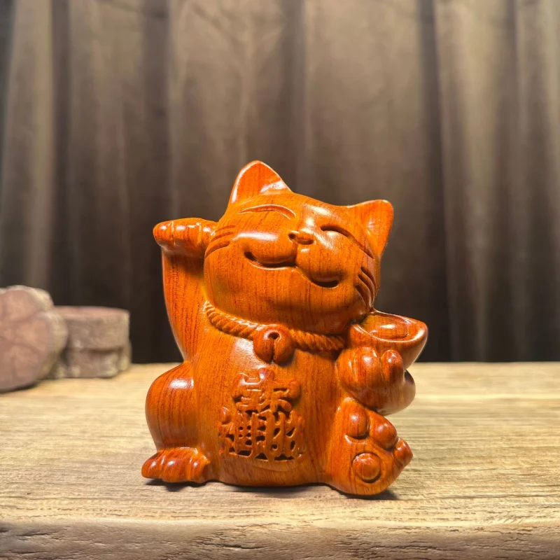 Rosewood Carved Ornament Lucky Cat Solid Wood Carving Home Living Room Store Opening Cashier Counter Craft Gift