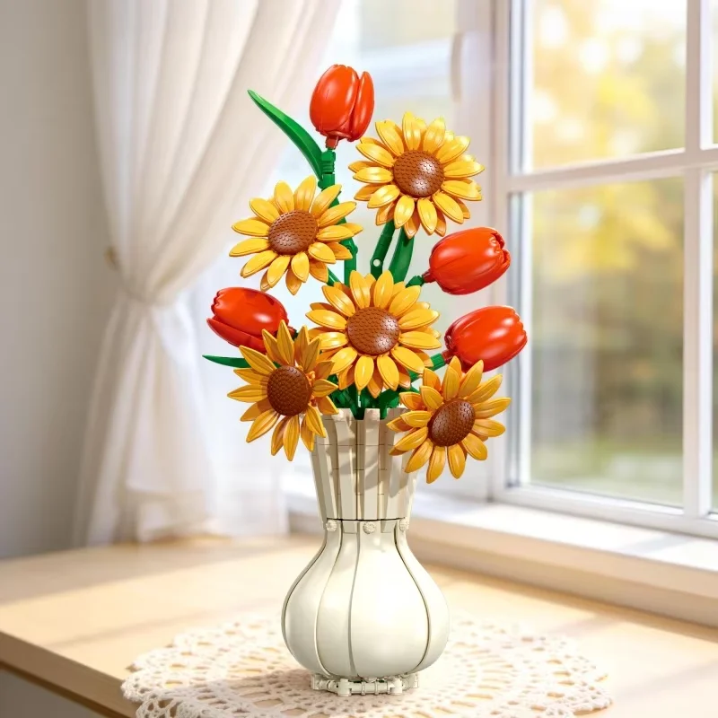 Building block flower set, sunflower, red palm, autumn flower ring bouquet building block with vase, home decoration creative as
