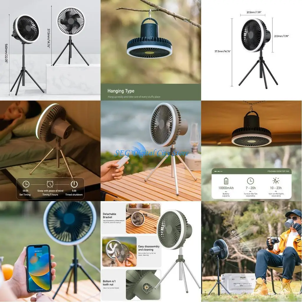 

U75B 10000 мАч Навесной вентилятор Настольный вентилятор с дистанционным управлением и подсветкой + штатив для пеших прогулок на