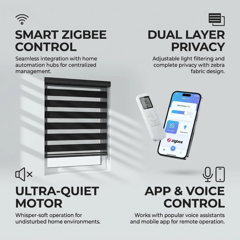New Style Popular Adjustable Shading Waterproof Zigbee Motor Control Double Layer Motorized Zebra Blinds For Windows